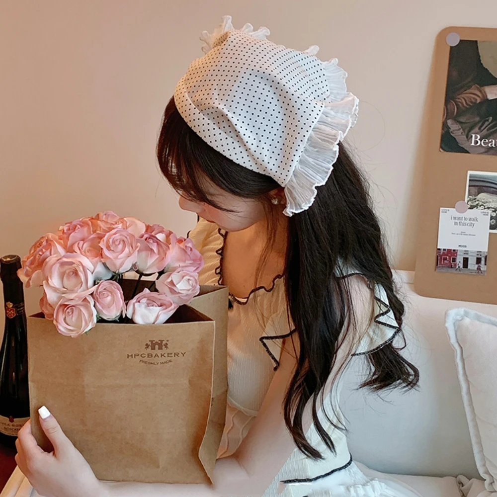 Letnia koronkowa trójkątna chusta na głowę kobieta Polka Dot koronkowy kwadratowy szalik słodki turban czapka krem do opalania opaska na głowę obręcz do włosów dziewczyna sądowa czapka