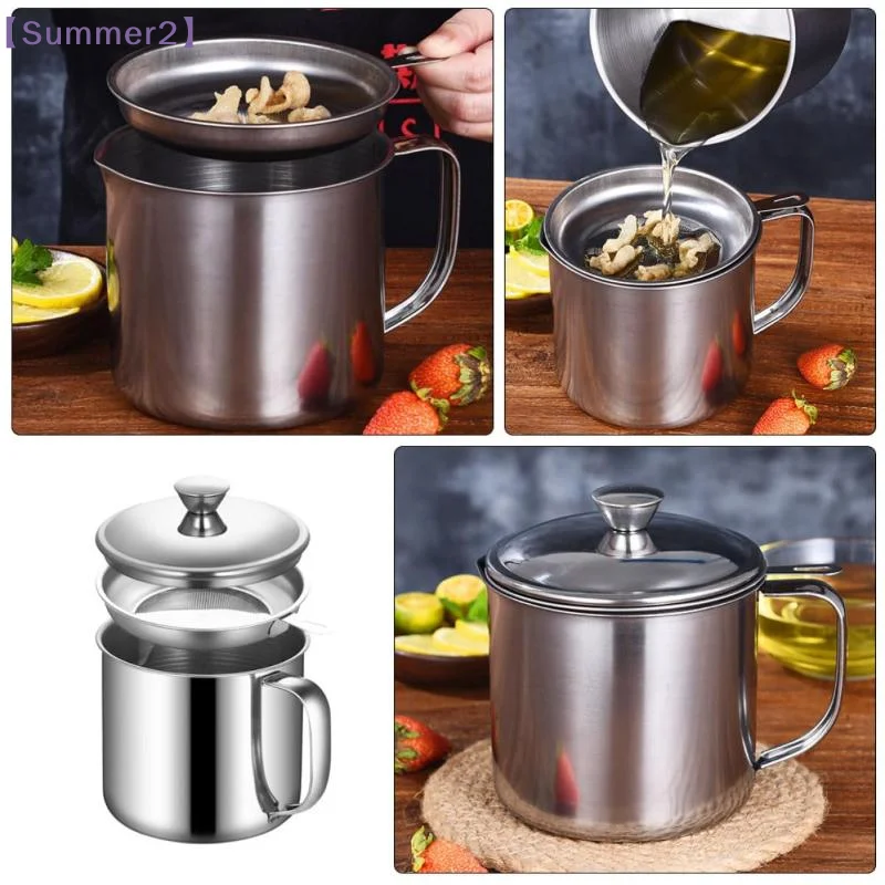 【Xia2】1.3L Stainless Steel Oil Filter Pot Kitchen Oil Container Can With Fine Mesh Strainer For Frying Oil Storage Reuse{S} view 3