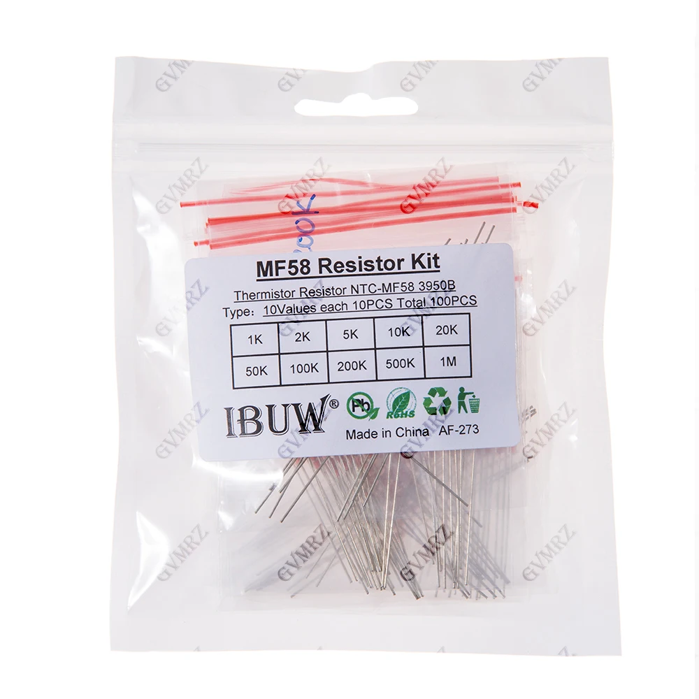 100PCS 10Values MF58 NTC Thermistor Kit 5K 10K 20K 1K-1M 3950B for Temperature Sensing & Circuit Thermal Control Projects 1K 2K