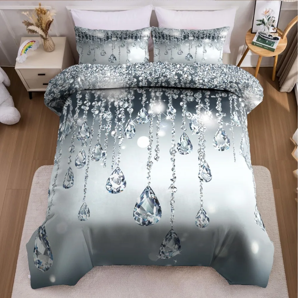 3pcs Bedding Set Shining Crystals Diamonds 3D Print Cozy Duvet Cover King Queen Twin Size Birthday Gift for Adult Bedroom Decor