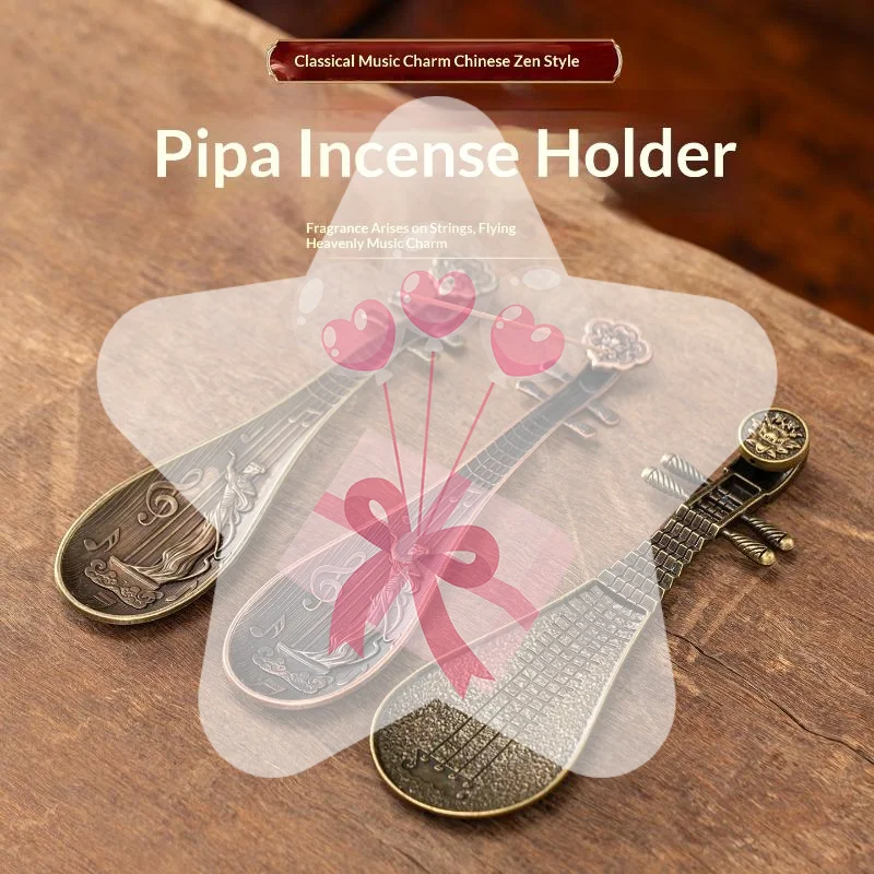Vintage Aesthetic Pipa Shaped Incense Stick Holder Chinese Style Metal Incense Burner Tray for Tea Ceremony Decor