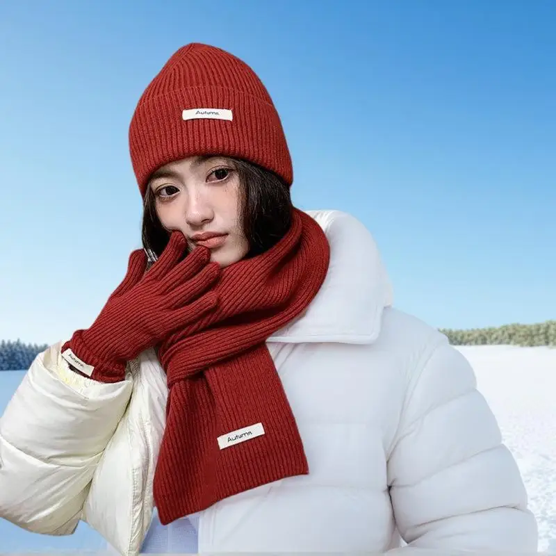 محبوك الشتاء وشاح امرأة بلون قبعة وشاح قفازات المرأة يندبروف الكبار ثلاث قطع مجموعة موضة المرأة وشاح طقم قبعات