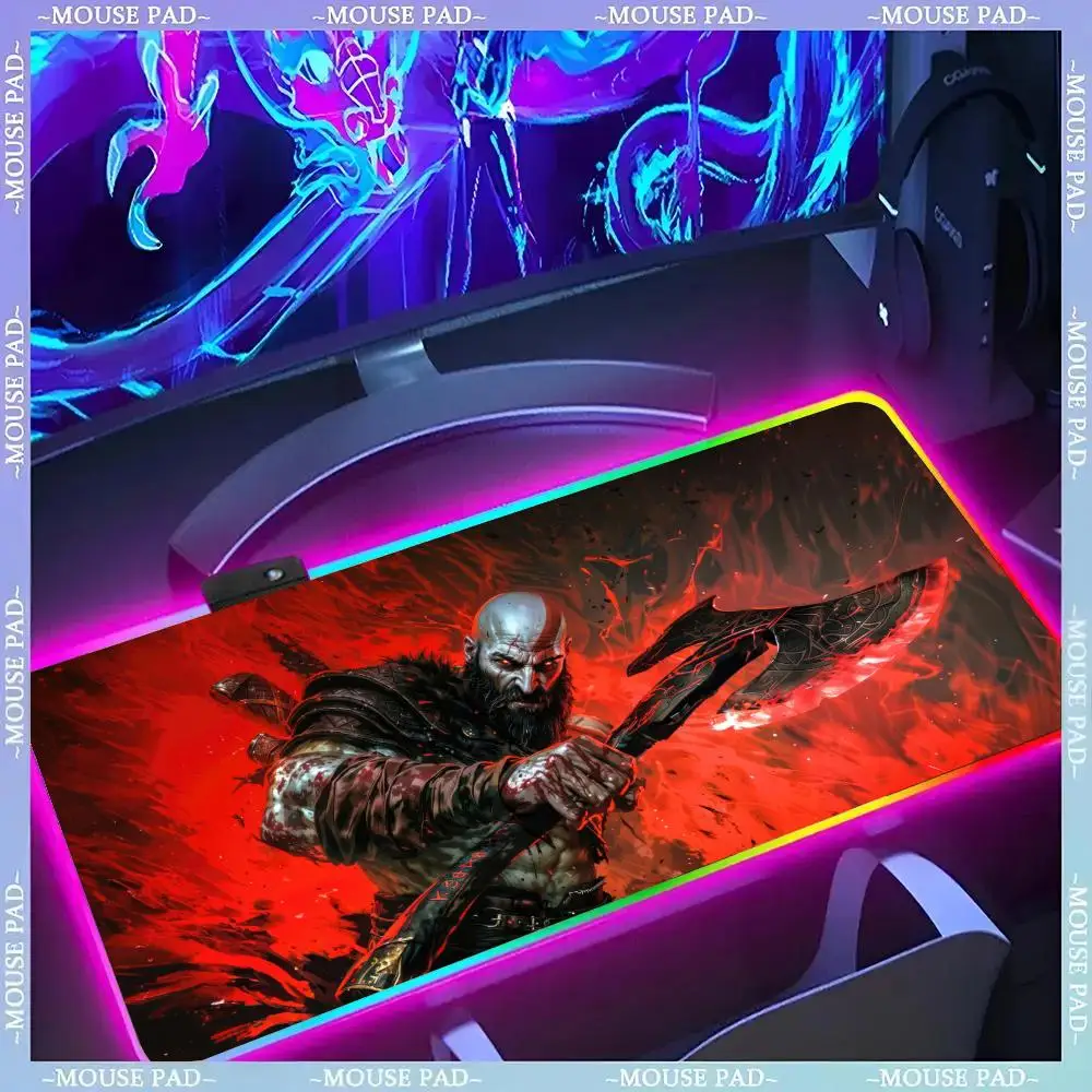 War God Kratos Mouse Pad Gamer Luminescence Led Mouse Pad Gaming Table Rgb Deskmat Keyboard Pc Mousepad