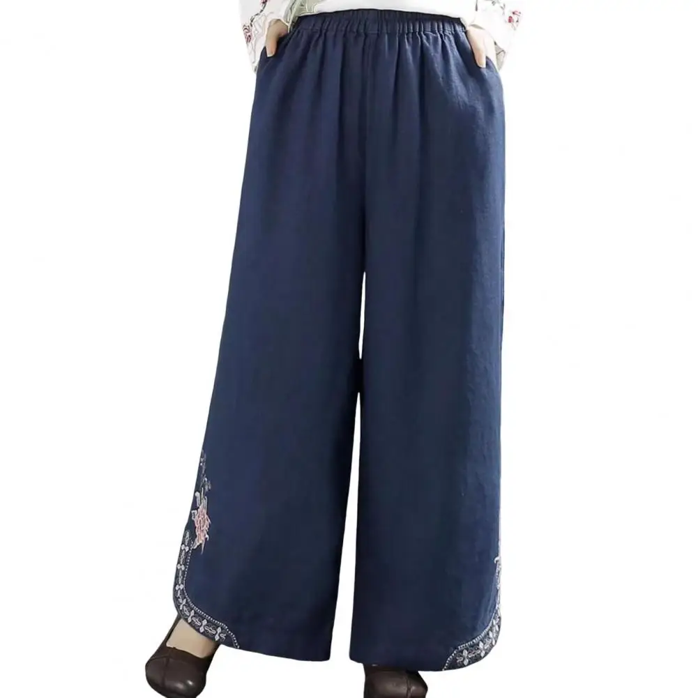 

Loose Fit Retro Pants Chinese Style Wide Leg Trousers with Pockets for Women Elastic Waist Retro Pants Loose Fit Design Elastic