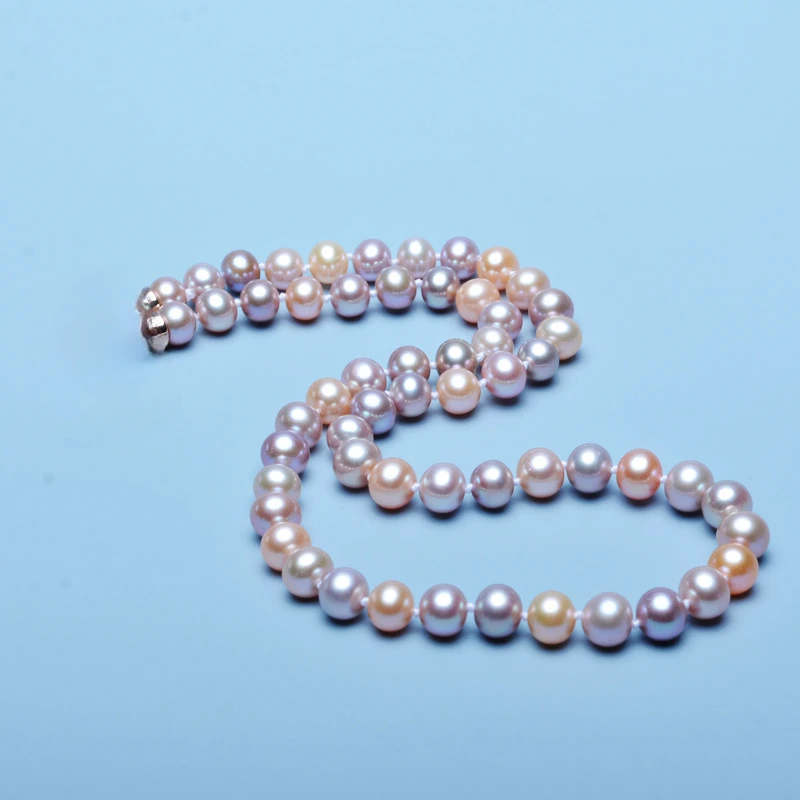 Charming 8-9mm Candy Mix Color Pearl Nearly Round Necklace 925 Sterling Silver Fine Jewelry Gifts for Women Girls