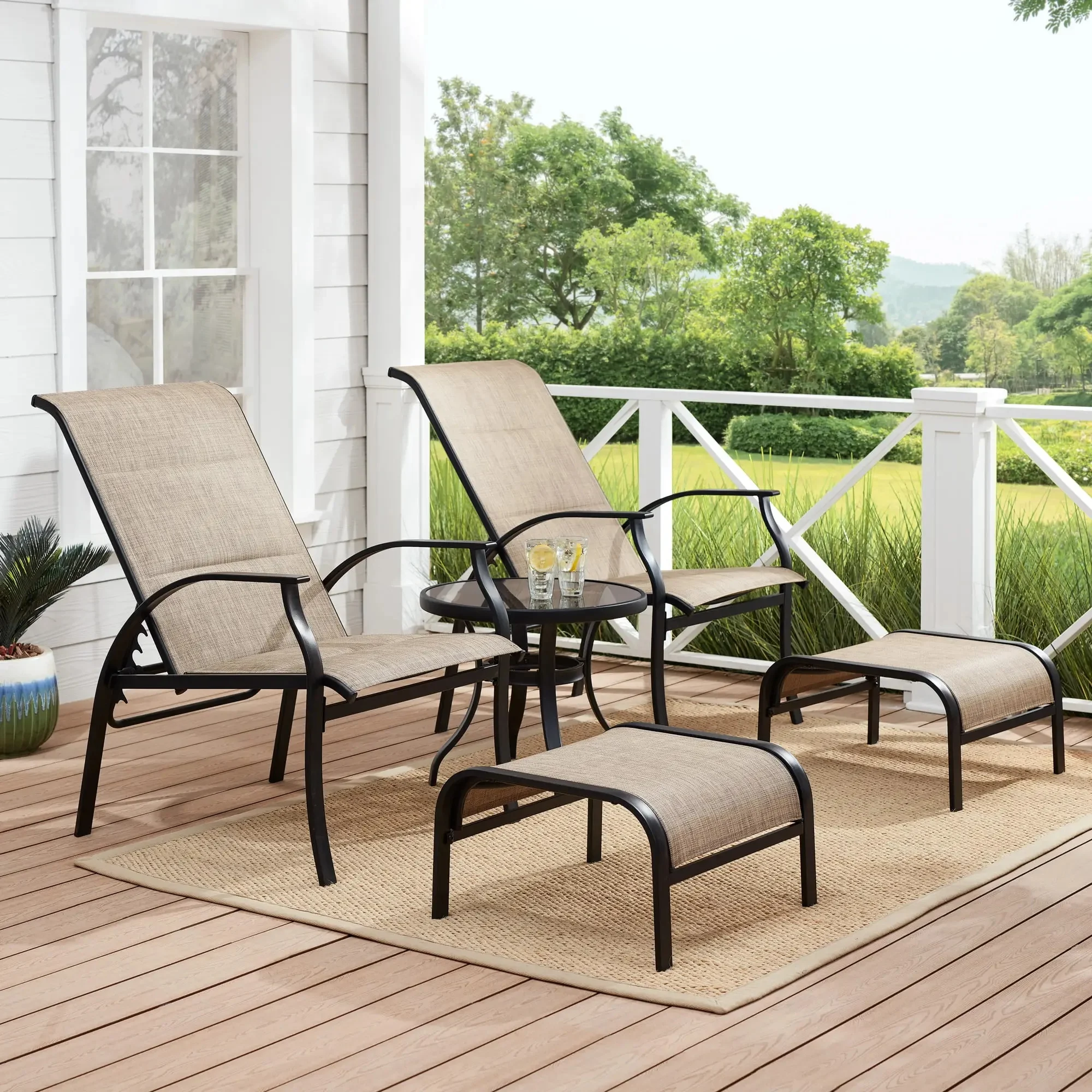 [Flash Sale]5-Piece Outdoor Patio Furniture Chatting Set Lounge W/Ottoman & Coffee Table Beige[US-Stock]