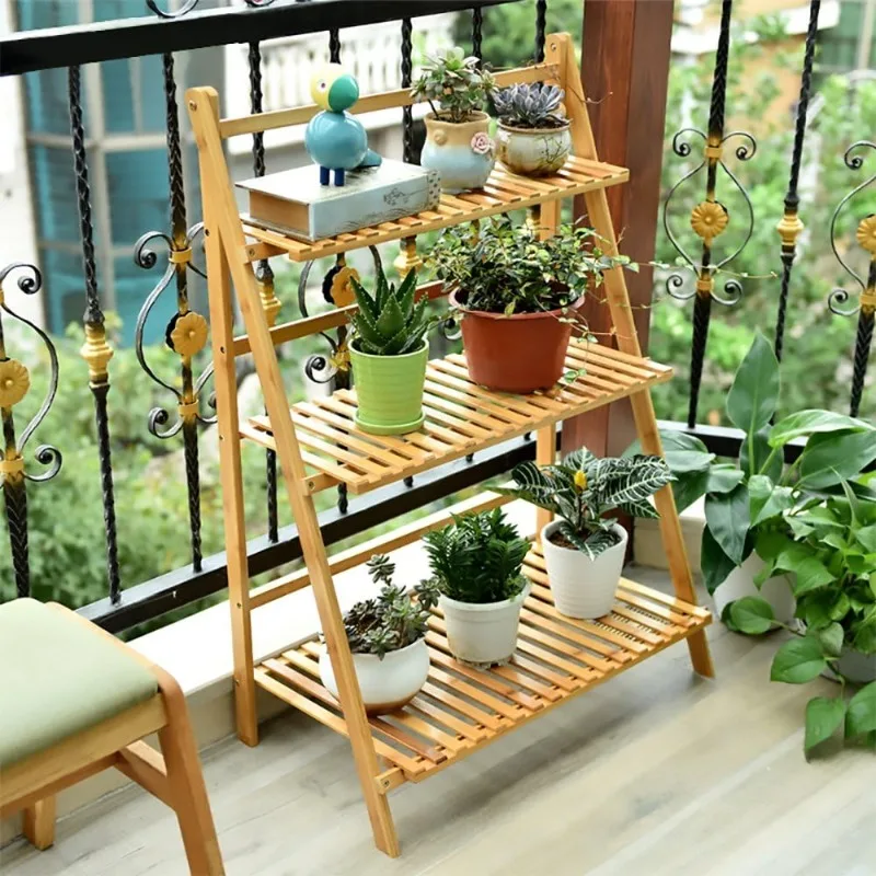 Bamboo Ladder Plant Stand 3 Tier Foldable Flower Pot Display Shelf Rack for Indoor Outdoor Home Patio Lawn Garden Balcony