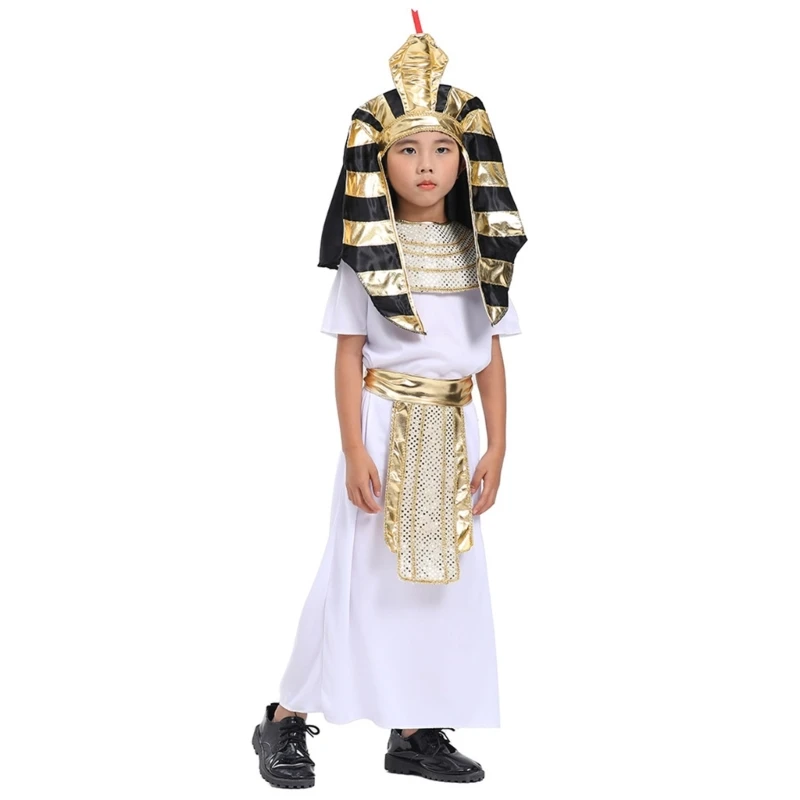 Kinderen Farao Kostuum Set Kids Egyptische Farao Kostuum Hals Kraag Farao Hoed Gewaad voor Halloween Rollenspel Cosplay