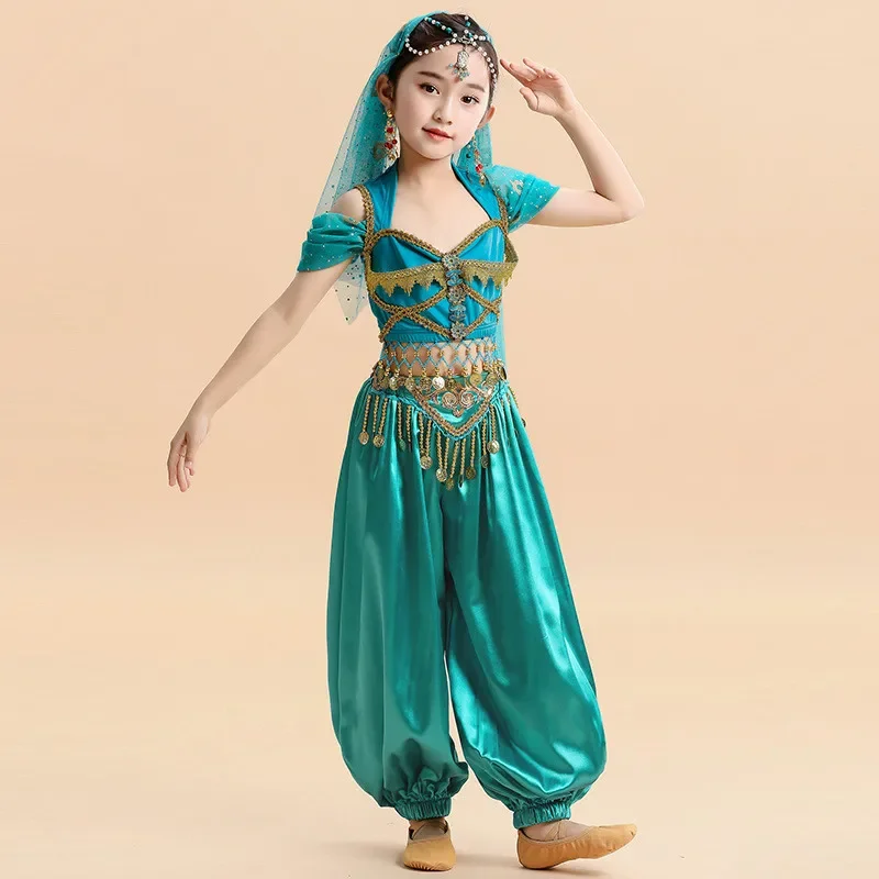 

Halloween Kid Girl Fancy Outfit Arabian Princess Costumes Indian Dance Embroider Bollywood Belly Costume Party Cosplay Jasmine