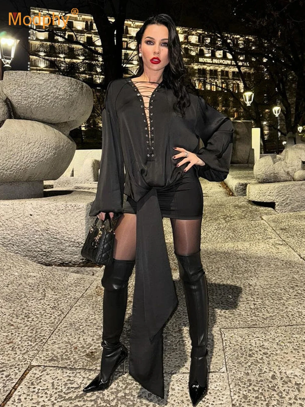 

Modphy 2024 Spring/Summer New Black Sexy V-neck Lace up Long Sleeves Wrapped Hip Mini Dress Female Trendy