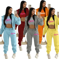 Barbie Fleece Sweatshirt Hooded Sports Casual Suit Anime Leisure Girl Jacket Vest Sweatpants Three-piece Set Clothing Gifts