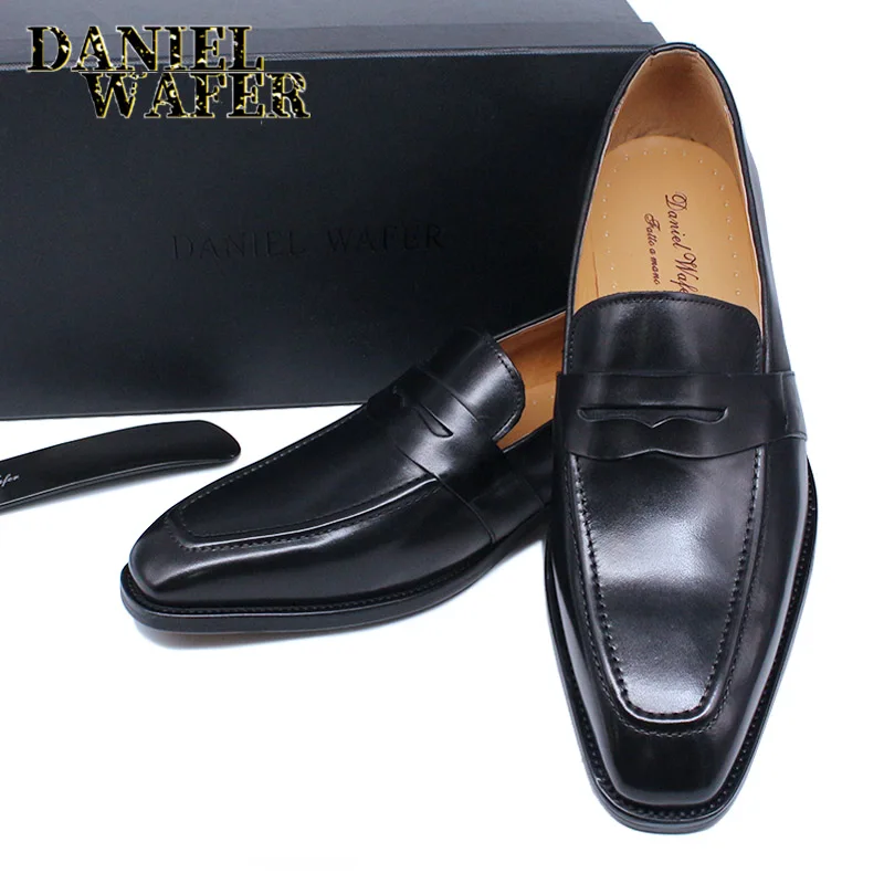 Luxury Men Penny Loafers Genuine Leather Slip On Red Black Casual Business Dress Shoes Mens Wedding Party Office Fashion Shoes - view 4