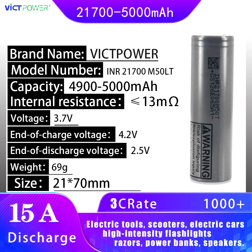 

Inr21700 M50Lt Rechargeable Lithium Ion Batteries 3.7V 5000Mah 10A Li Ion Battery Cell for Electric Bicycle