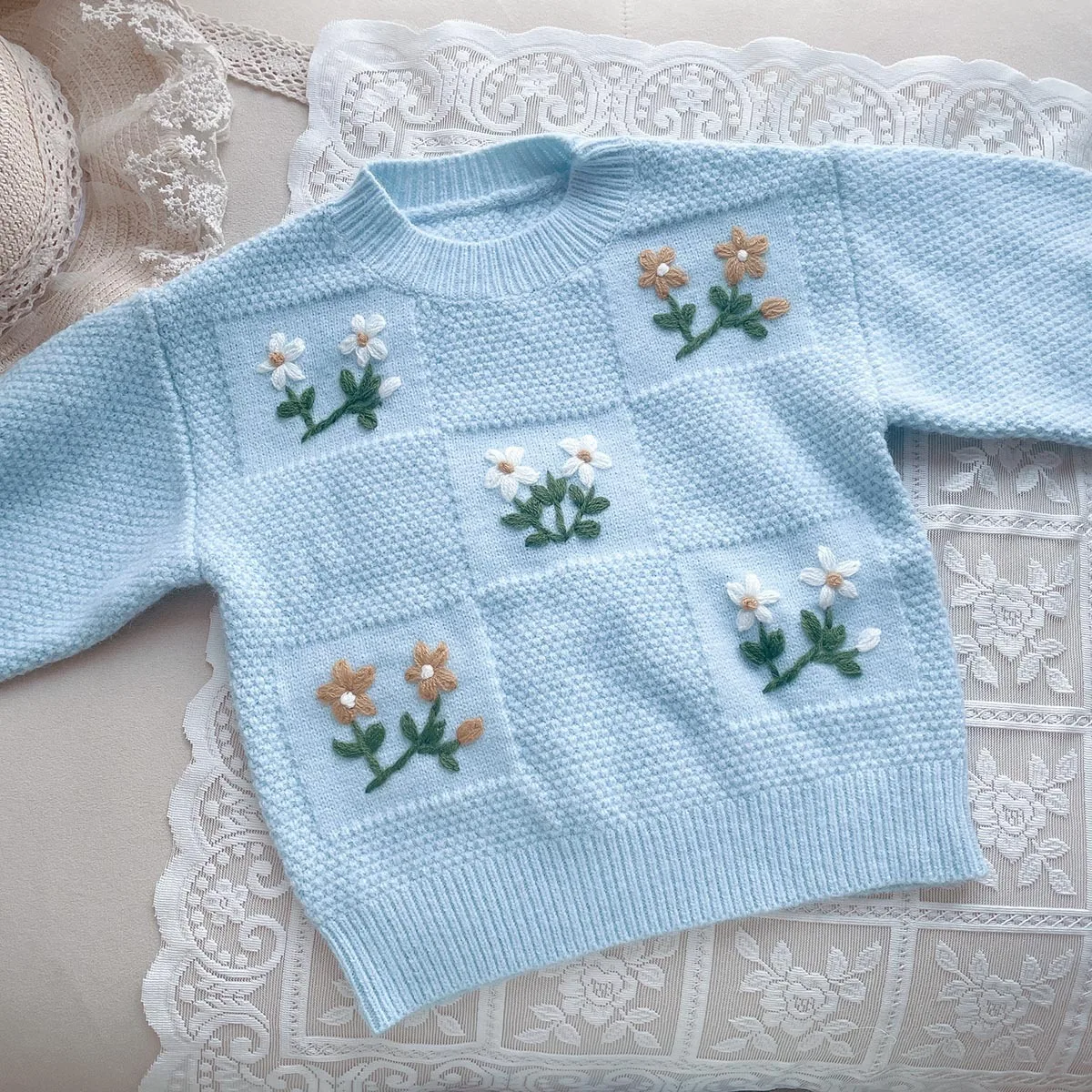 Children's Blue Hand-embroidered Sweater Little Girl's Fashionable Knitted Pullover Spring and Autumn Korean Spring Clothing