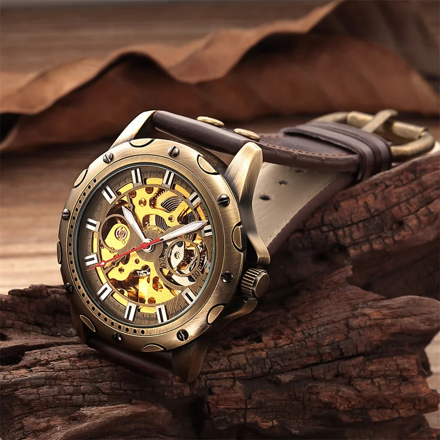 SHENHUA 9536 รอบ Steampunk สไตล์ผู้ชายโครงกระดูกนาฬิกากลไกอัตโนมัติ Bronze ชาย Skull นาฬิกากีฬา addiesdive นาฬิกา