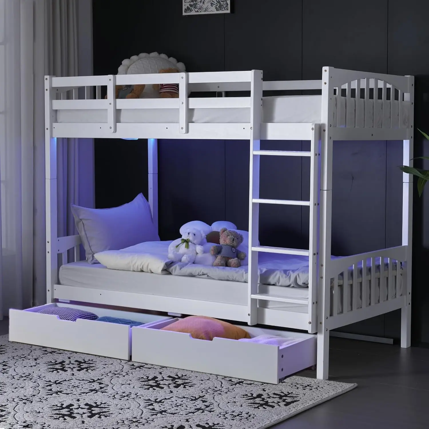 Twin Over Twin Bunk Bed with Storage Drawers, RGB LED & Charging Station, Solid Wood Frame with 15
