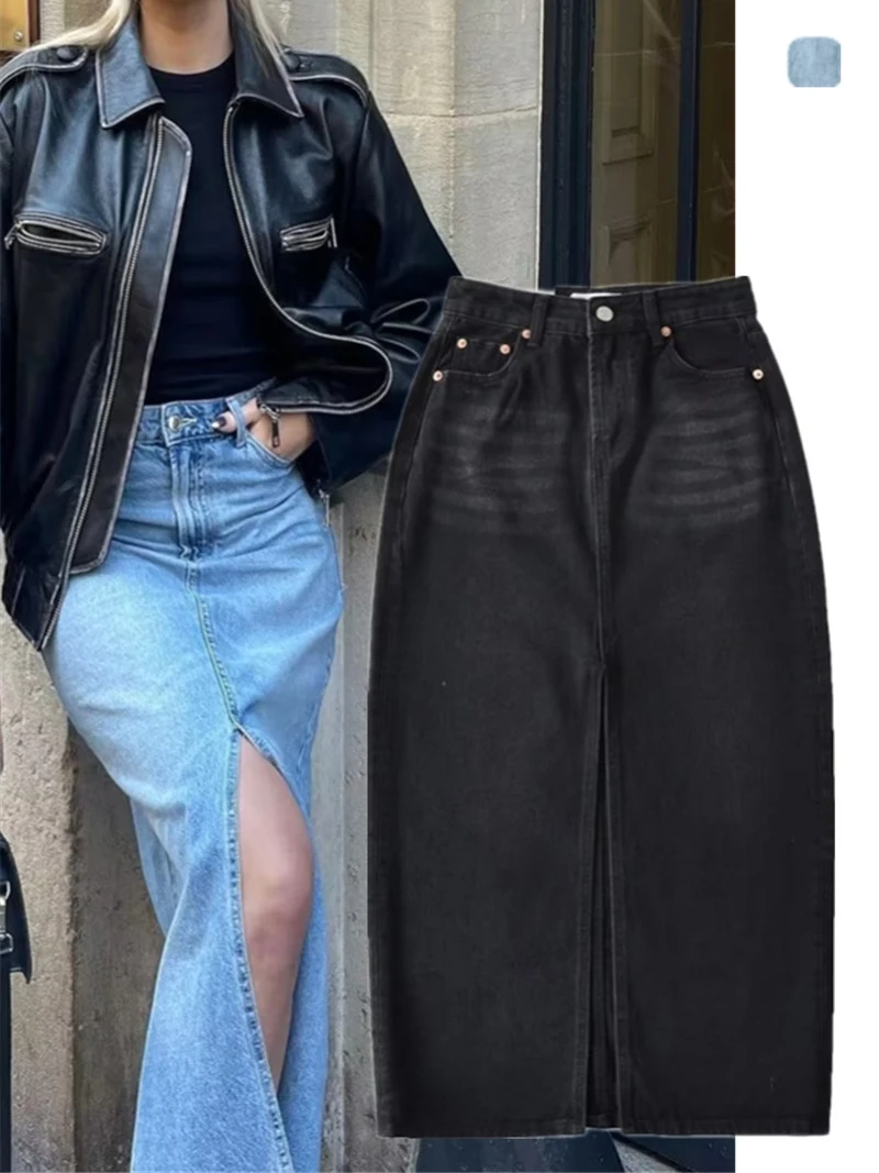 

High Waist Denim Skirt with Split Celebri Blogger A-Line Midi Skirt Trendy Street Sle Pure Color Fall Season