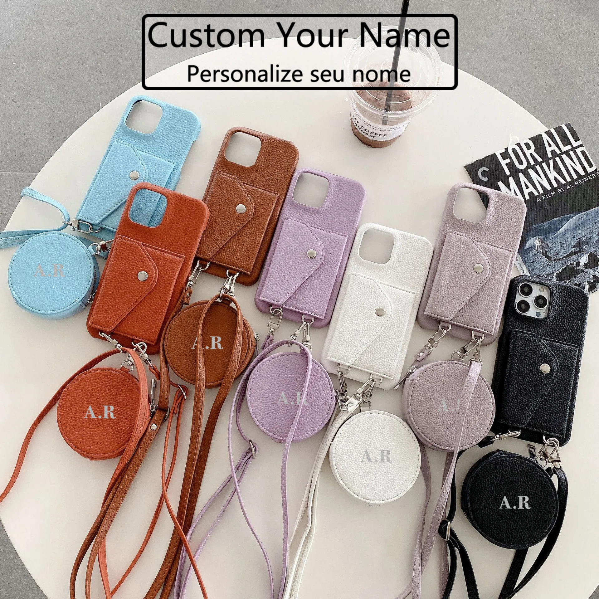 Personalise Customization Name Initial Lanyard Leather Phone Case For iPhone 15 11 12 13 14Pro Max Mini xs XR Personalized Cover