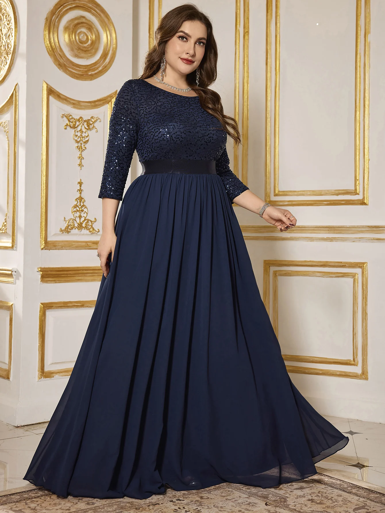 UNITHORSE  Earth-Friendly Women's Dress V-Back Sequin Patchwork Waist Flare Hem Dress With 3/4 Sleeves And Round Neck, Elegant view 5