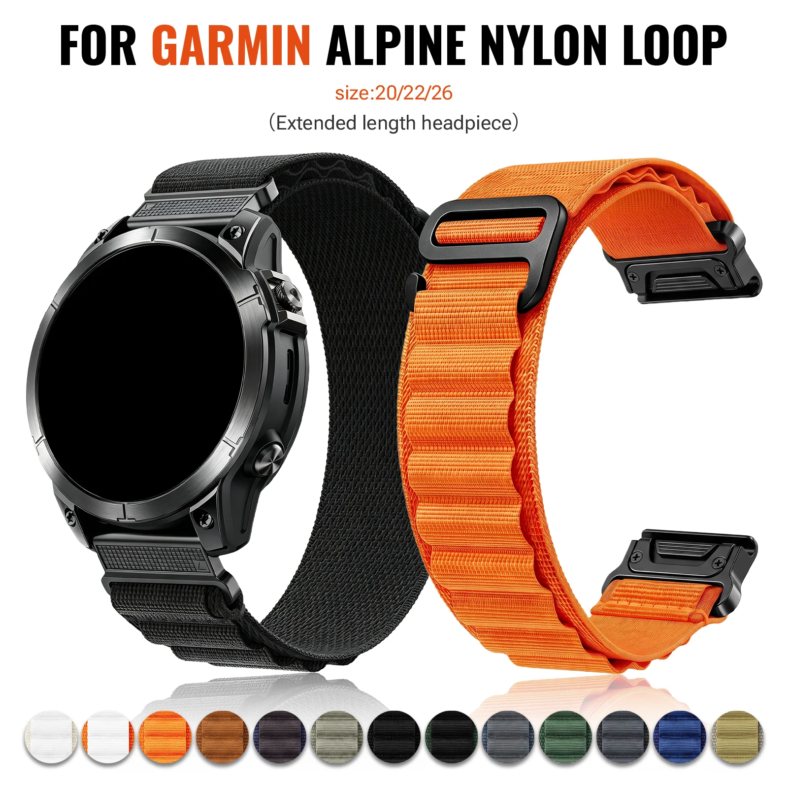 20/22/26mm Nylon Strap Extension Connector For Garmin Fenix7S 7X 7Pro Fenix 6X 6 5X 5Plus Forerunner 965 955 Enduro2 Band
