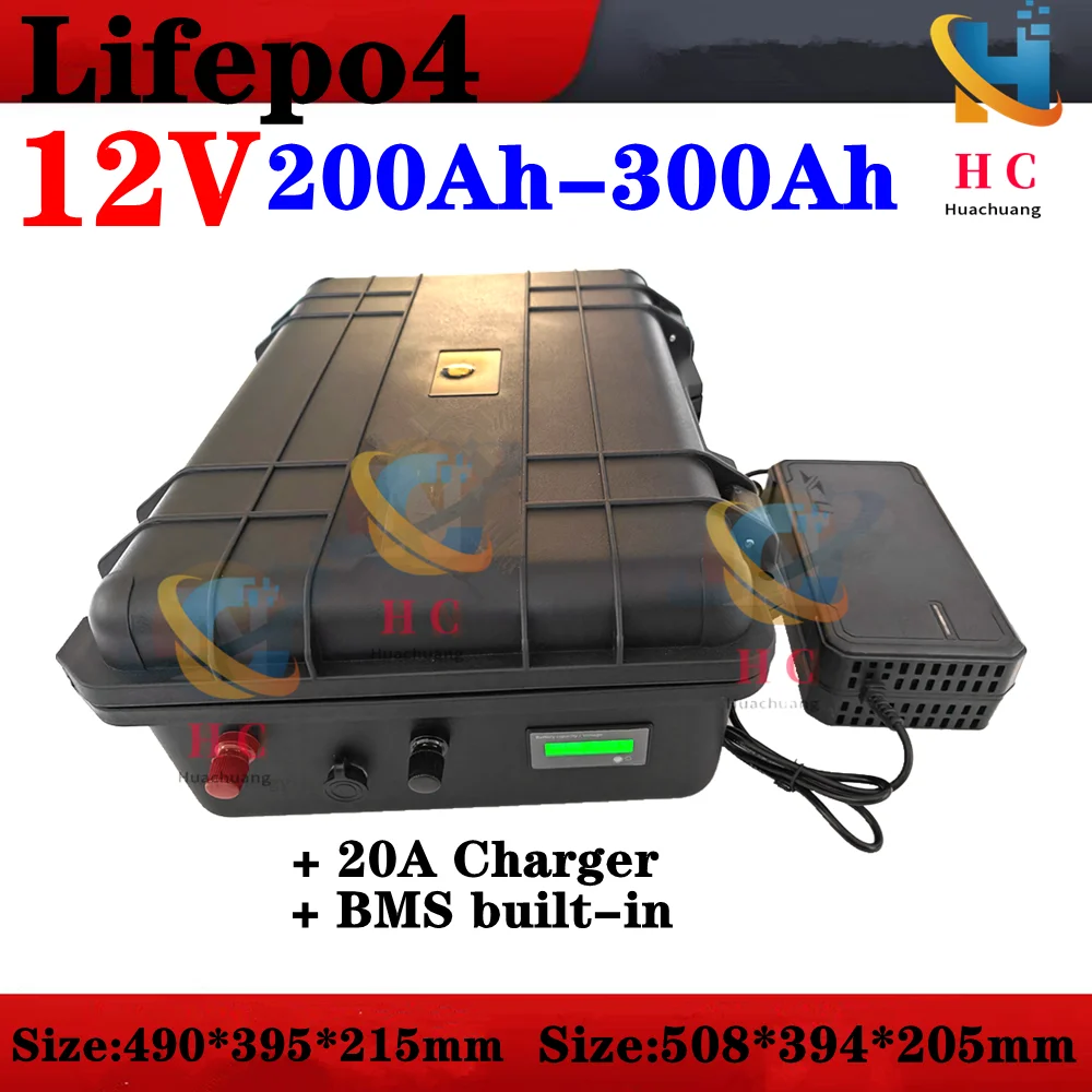 12V 200Ah 250Ah 260Ah 300Ah LiFepo4 lithium battery for solar energy system golf trolley RV autocaravans motorhome+20A charger