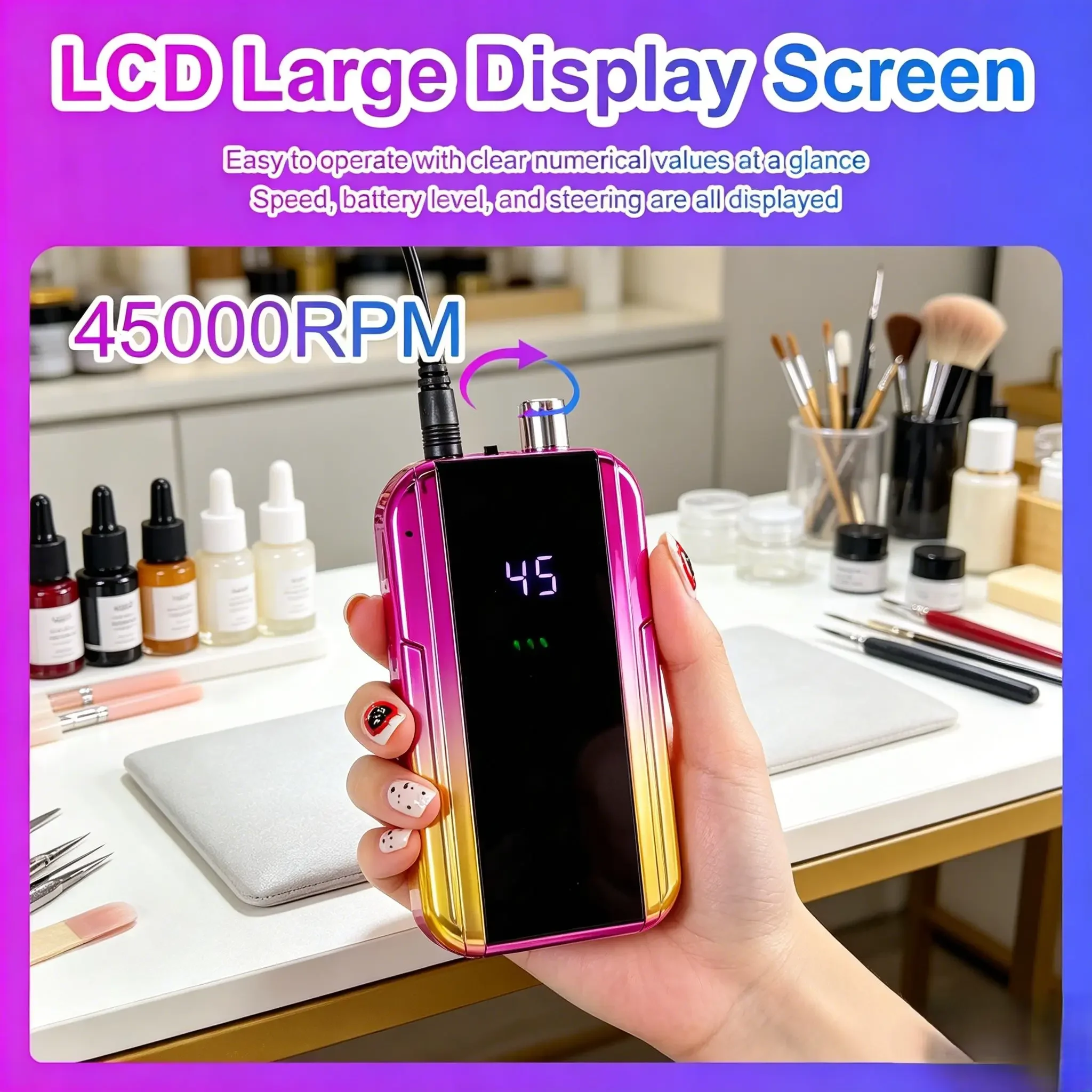 45000RPM Laser Gradient Nail Drill Machine, Rechargeable Low Noise Electric Nail Sander for Acrylic Gel Nail Manicure Polishing