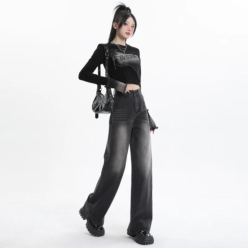 Boweylun الربيع والخريف جديد خمر عالية الخصر واسعة الساق الجينز النساء فضفاض الدنيم كامل طول السراويل الإناث واسعة الساق السراويل