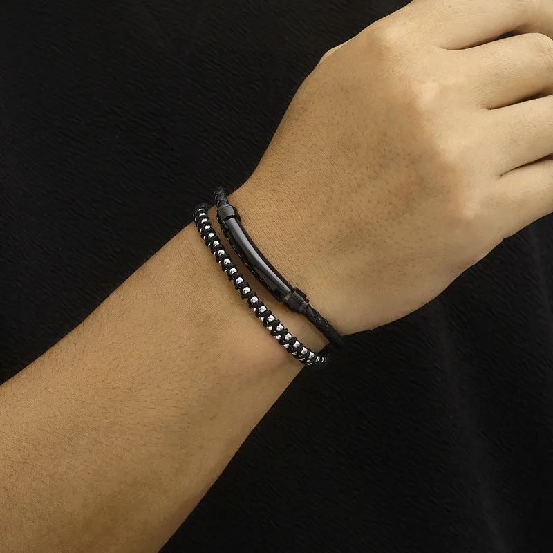 Stainless Steel Double Layers Woven Cowhide Bracelets Men Thick Hip Hop Creative Leather Bead High Quality Jewelry Free Gifts