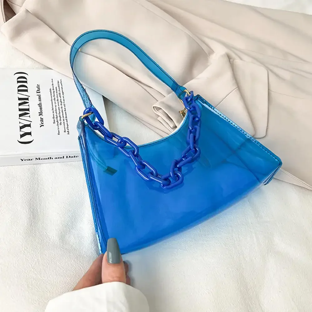 Fashion High Quality Pvc Handbag Transparent Eye-Catching Jelly Bag Zipper Multifunctional Simple Style Women'S Shoulder Bag New