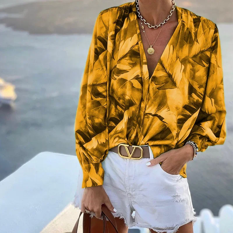 Europe and the United States autumn-winter women's new printed V-neck long-sleeved Bohemian long-sleeved top