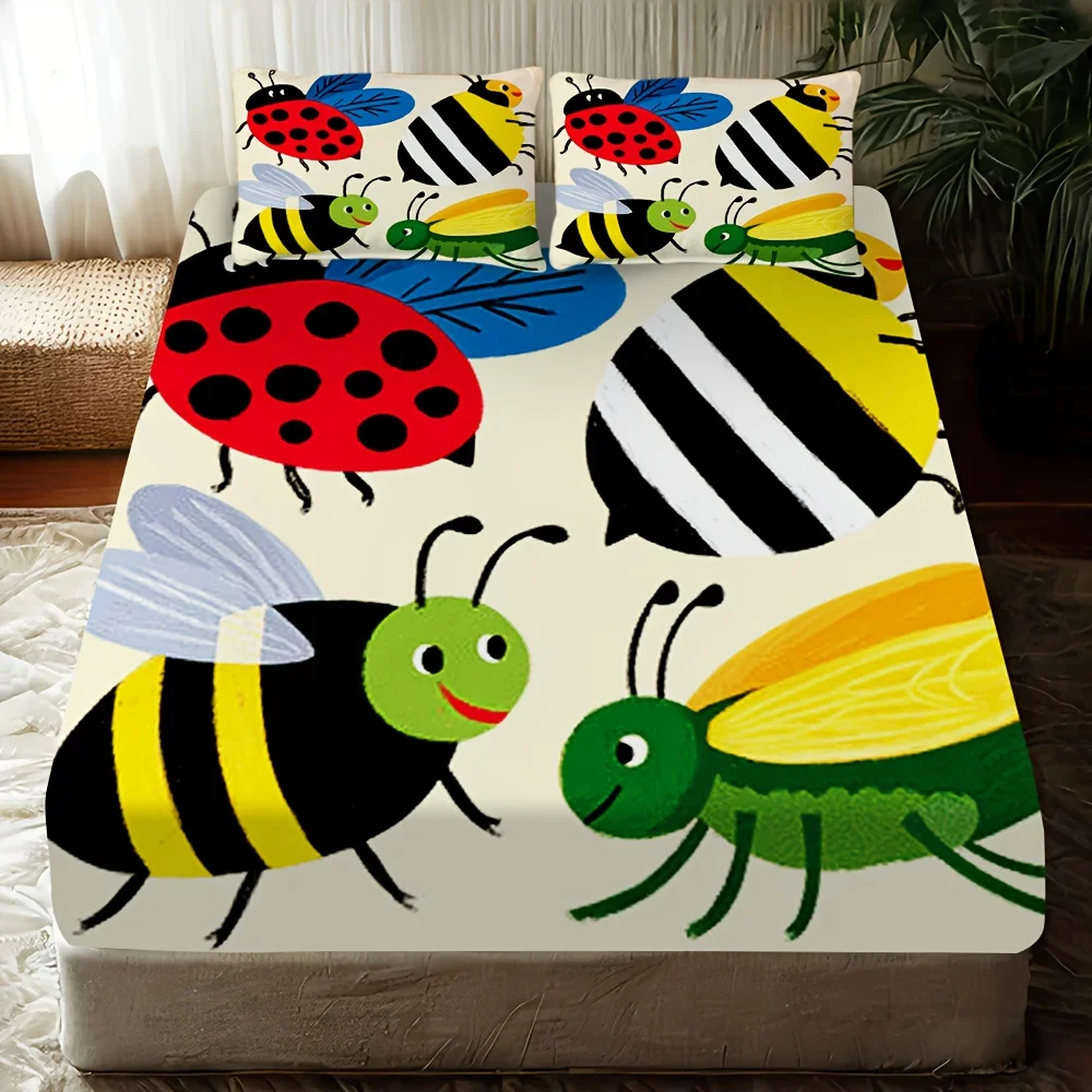 3-piece fitted sheet set, digital print 3-piece fitted sheet set, insect-proof breathable polyester (includes 1 fitted sheet + 2 pillowcases), 3-piece set, large-capacity deep pocket 2D printed fitted sheet and 2 pillowcases, bedding mattress protector, fitted elastic style, protective cover, mattress protector, suitable for all seasons, machine washable design, holiday decoration, various sizes, breathable protective cover with pillowcase