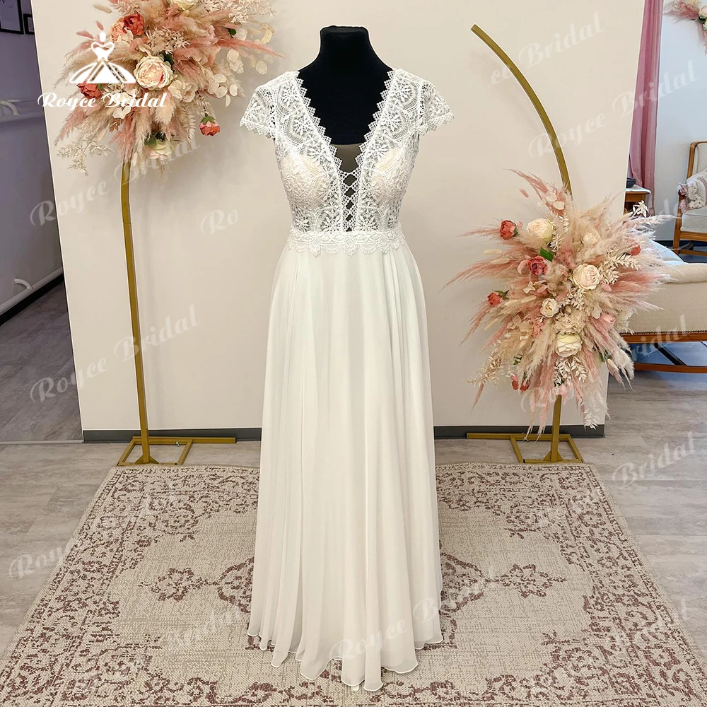 

Roycebridal Plunging Lace Bodice Chiffon Beach Boho Deep V Neck Weddding Dress for Women 2024 Bridal Gown Backless Summer