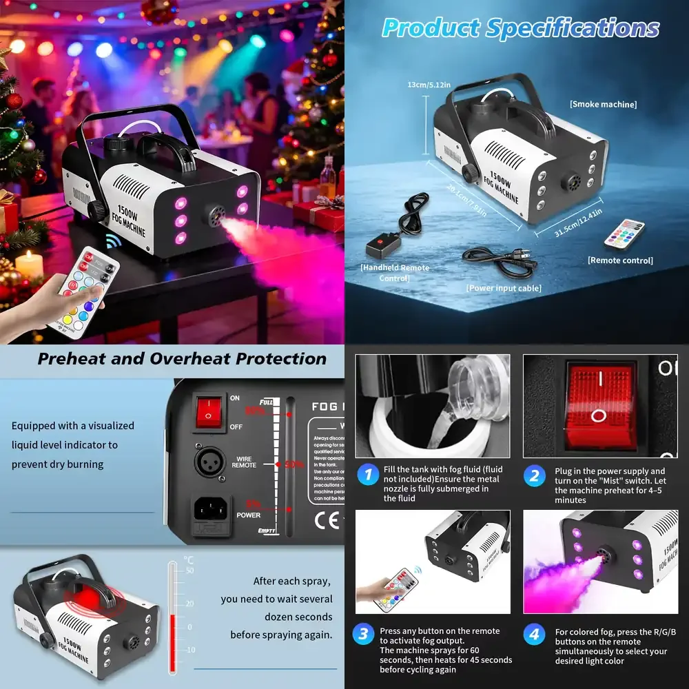 

1500W Fog Smoke Machine Remote Control LED RGB DJ DMX512 Stage Effect Fogger Wedding Nightclub Party Event Disco IP33 Rated