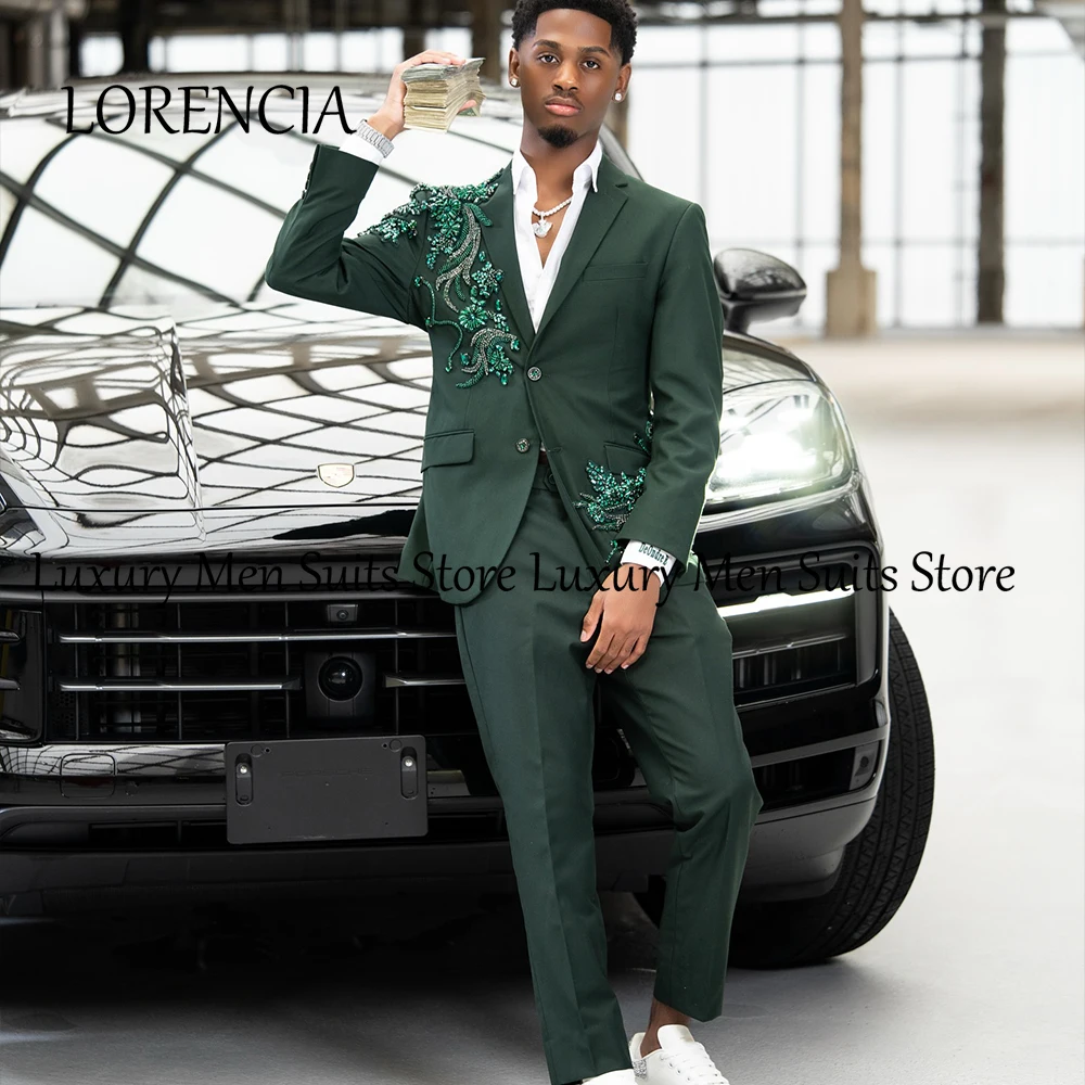 

Leisure Crystal Suits for Male 2 Pieces Glitter Applique Evening Party Tuxedos Set Customized Blazer Pants robe mariage femme