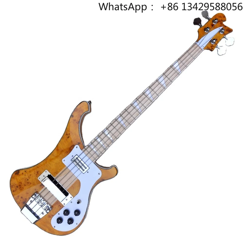 Flyoung Factory Natural Wood Color Electric Bass Guitar 4 Strings Bass Burl Maple Veneer Bass