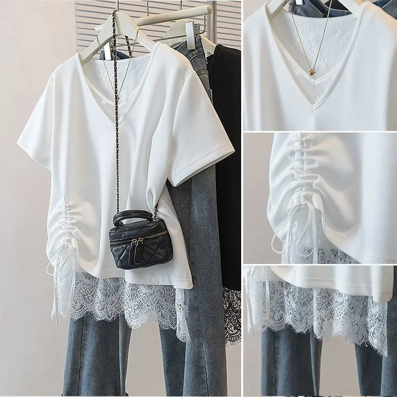 Plus-size women's spring and summer new pure color loose slimming and meat-hiding lace spliced drawstring short-sleeve T-shirt