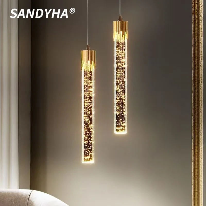 SANDYHA Modern Advanced Pendant Light Cylindrical Crystal Chandelier LED Lighting Fixture For Art Decor Bedroom Living Room Bar