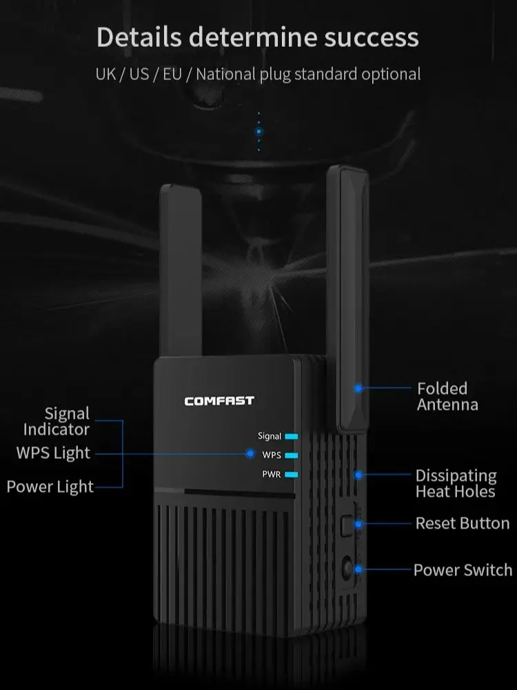COMFAST WiFi Router Repeater 1200Mbps Amplifier 2.4G/5.8G Network Signal Booster Extender Repeteur Wi fi 2 Antenna Home Office