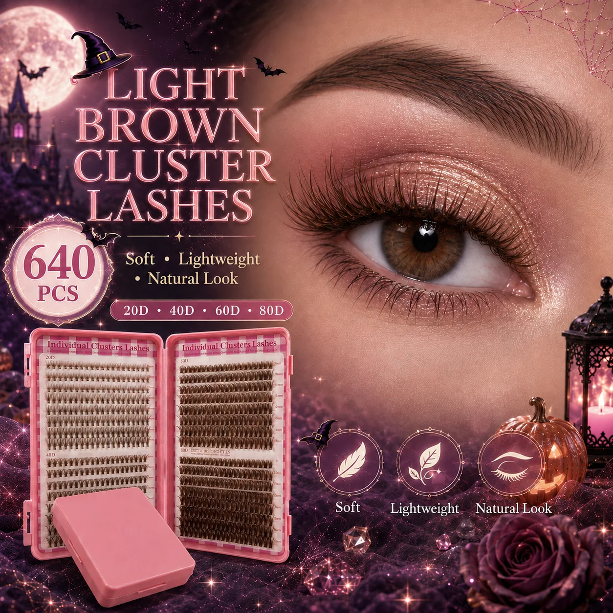 Segmented Cluster Lashes 640 Light Brown Single Cluster False Eyelashes, Multi-Density Natural to Thick Holiday-Style Lashes, Soft Realistic Fiber Lashes, Pink Flip-Top Portable Storage Box Design - 20D‑80D Multiple Specifications, 9‑16mm Mixed Pack, Reusable, Light and Natural on the Eye, Suitable for Daily Charm and Special Occasions
