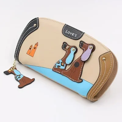 Ladies Zipper Long Wallet Large Capacity PU Leather Dog Pattern Contrasting Color Fashion Retro Clutch Waterproof Purse