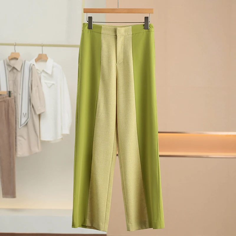 

High Waist Straight Leg Color Block Elastic Casual Pants Spring New Women's Fashion Xking Comfortable Commute Style Trousers