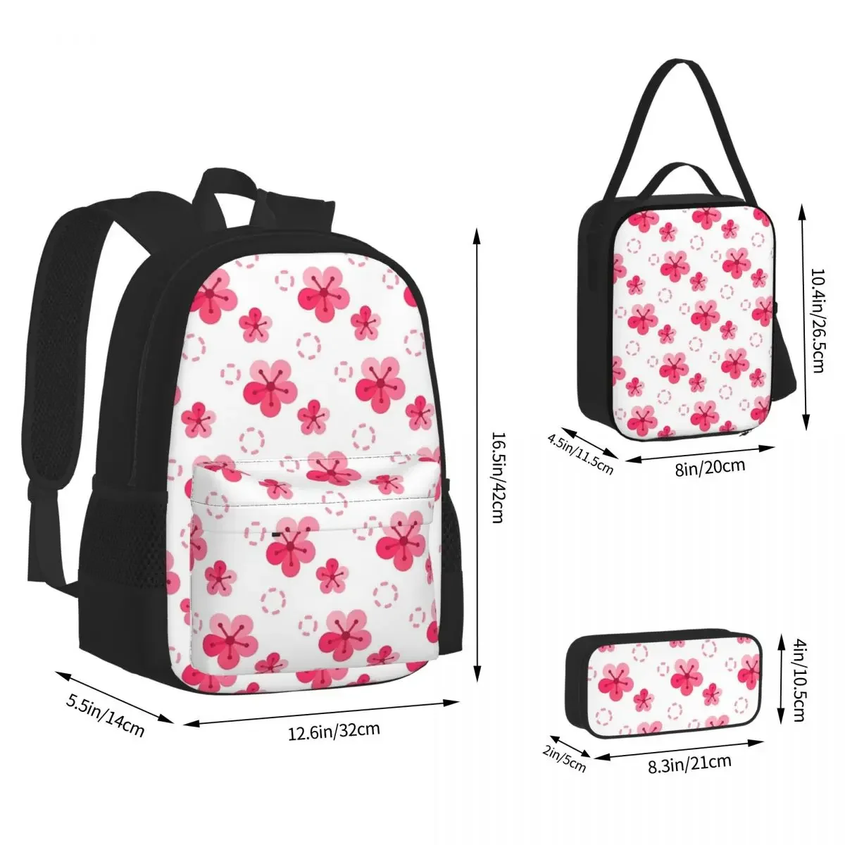 Cherries And Flowers Seamless Pattern Cherry Blossom Backpacks Boys Girls Bookbag School Bags Lunch Bag Pen Bag Three-Piece Set