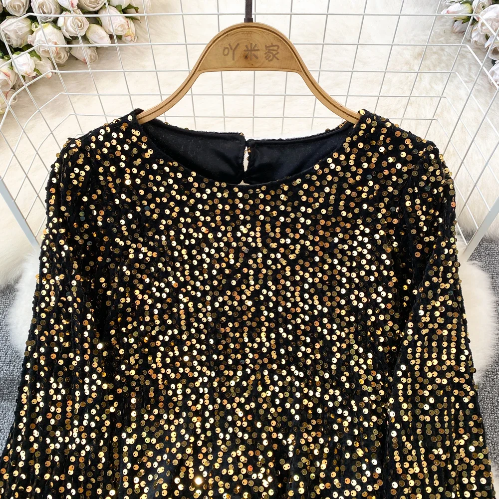 Woman Vintage Sequins Bling Blouse O Neck Women\'s Long Sleeve Crop Top Korean Fashion Butterfly Short Shirts Oversize Dropship