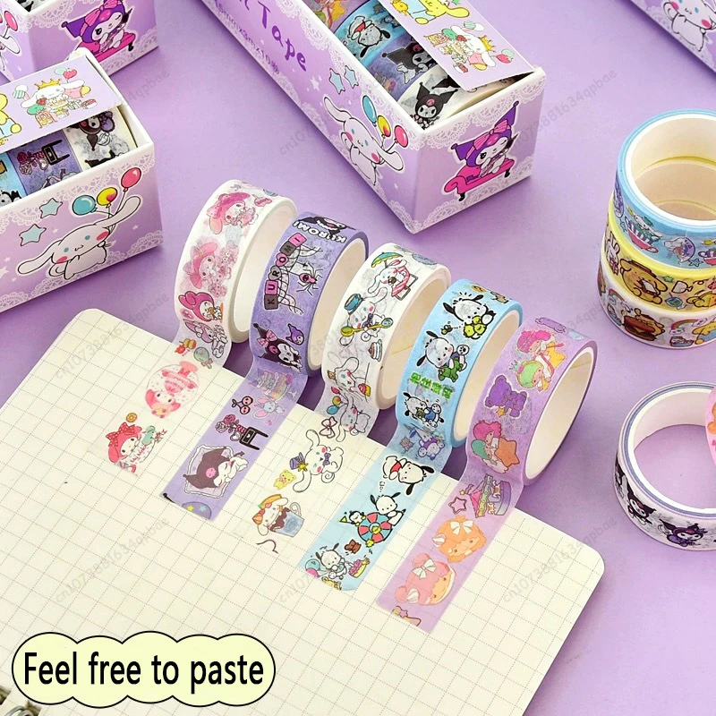 MINISO Kawaii Stickers 10Roll Box Sanrio Stickers Kuromi Melody Cinnamoroll Hand book Stickers Hand Account Sticker Kid Toys