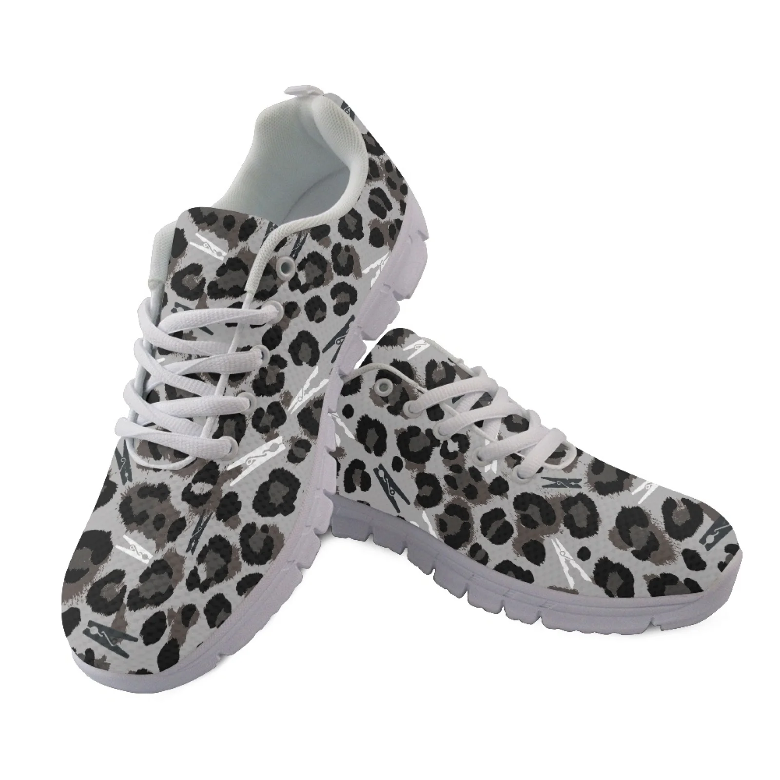 Coloranimal Grey Leopard Print Lace-up Sports Trainers, Breathable Athletic Sneakers for Ladies and Men Gym Running