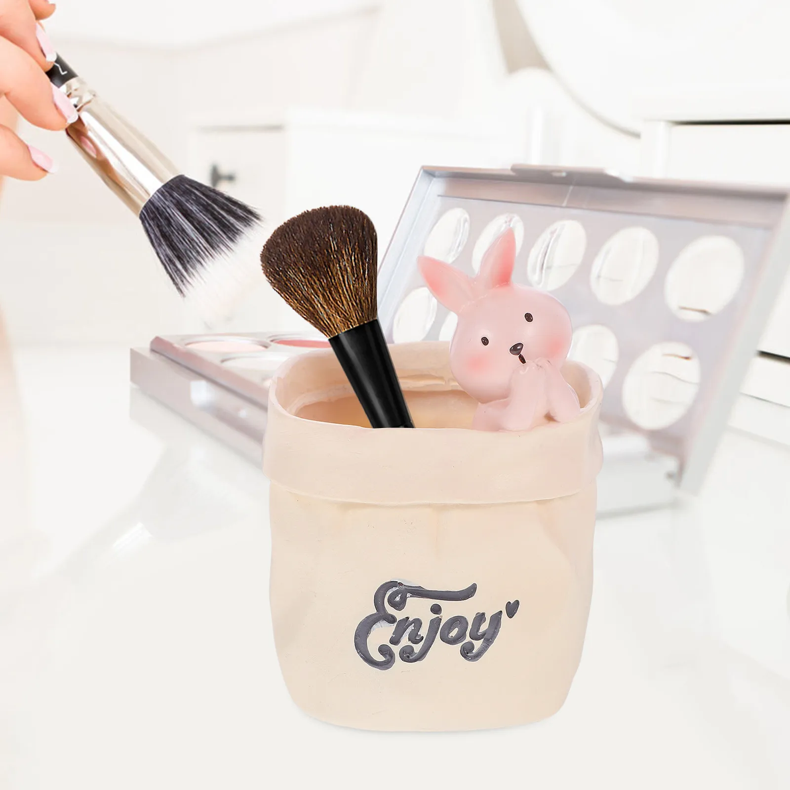 Funny Cartoon Rabbit Pen Holder Resin Desktop Organizer Keeps Desk Neat Holds Pens Pencils Brushes Modern Desk Accessories