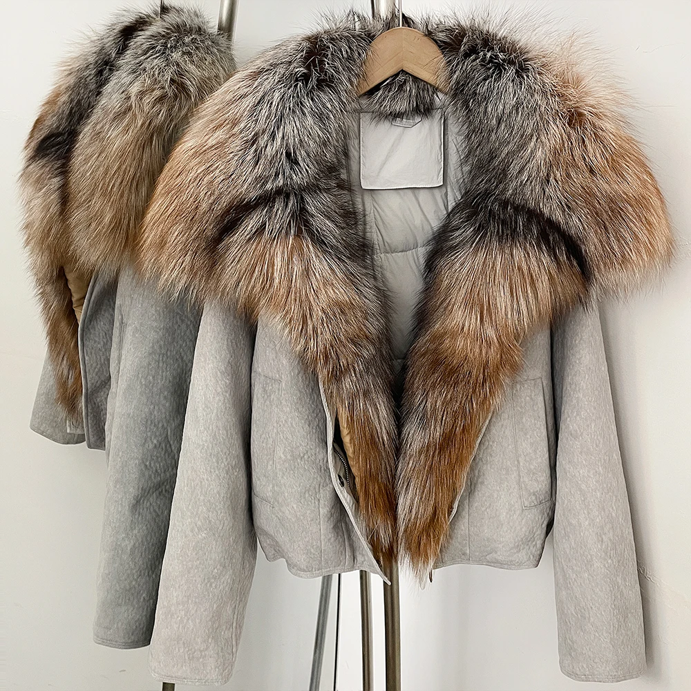 OFTBUY Down Jacket with Fur Collar Woman Cropped Shearling Down Coat Fur Trim Cold Protection Chic Modern Winter for City Wear