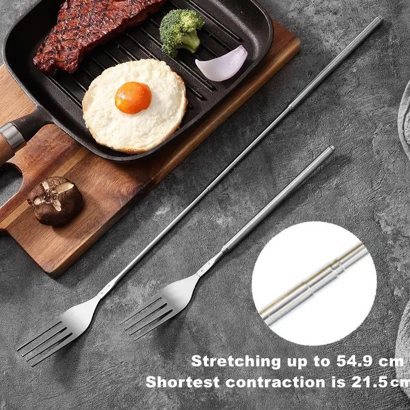 Stainless Steel Cutlery Fork Tableware Bento Box Retro Fork BBQ Telescopic Extendable Dinner Fruit Dessert Long Handle Fork