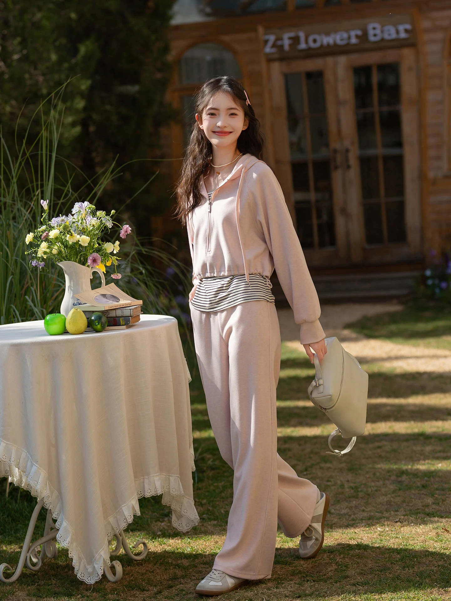 

Pink College Sle Set Women's 2026 Hooded Zipper Sweatirt Striped T-irt Wide Leg Pants Tee Piece Set Faionable Commu...