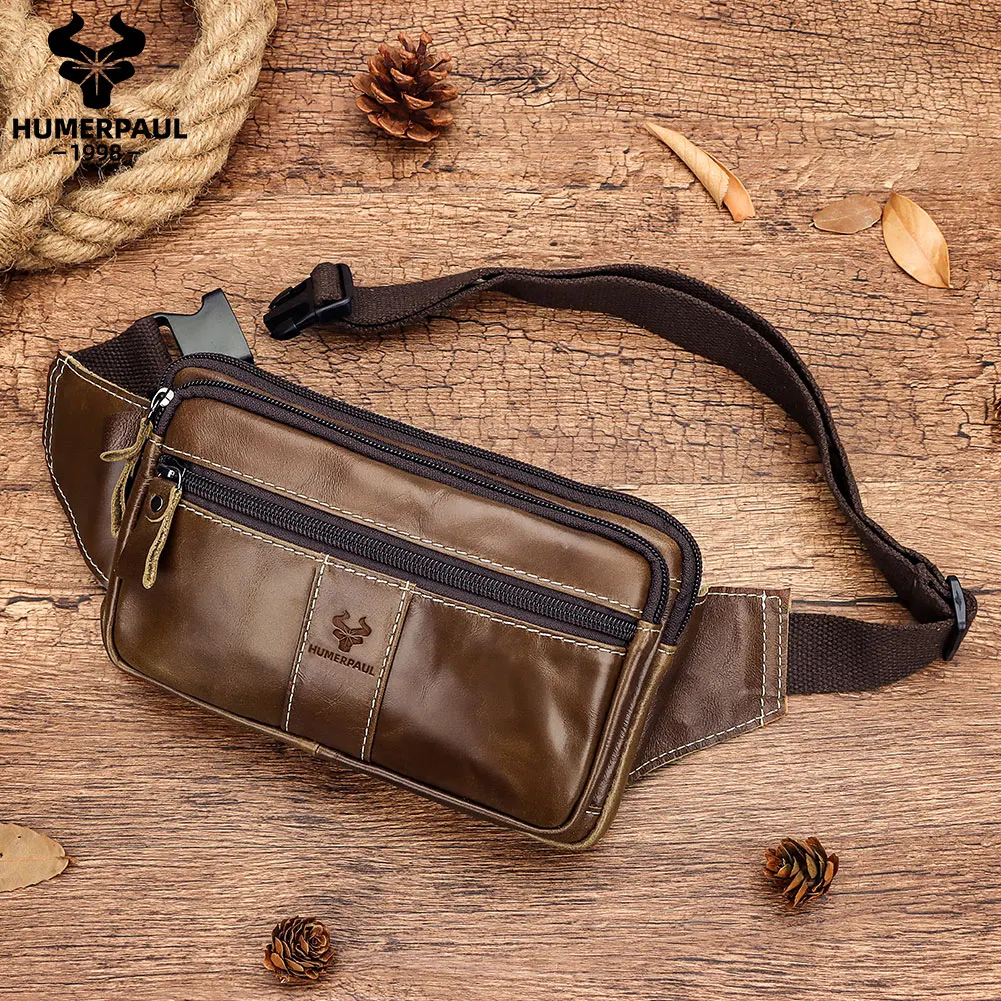 HUMERPAUL Genuine Leather Men\'s Waist Bag Classic Travel Fanny Chest Pack Multifunction Outdoor Storage Mobile Phone Bag
